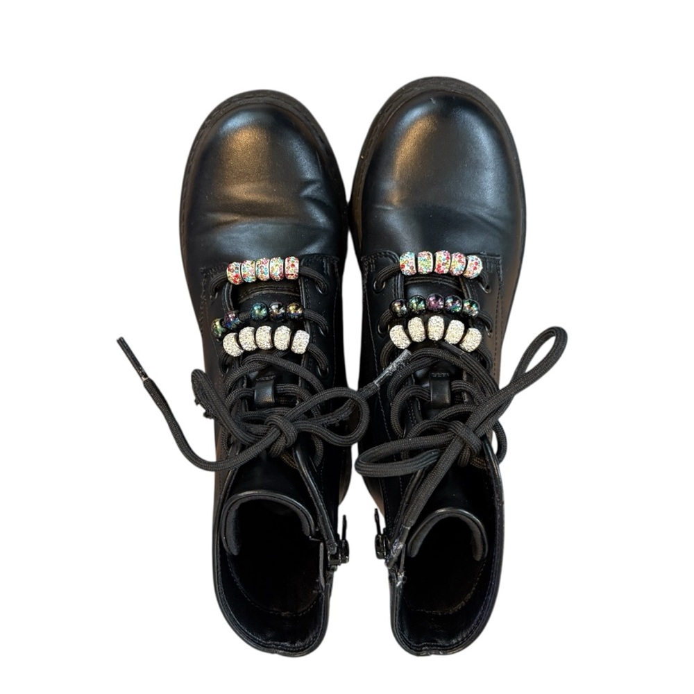 Black Zip-Up Combat Boots with Laces & Decorative Bead Accents Size 2 Girls - Picture 4 of 6